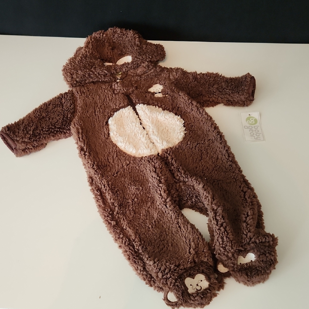 NWT- Baby Gear - Infant - Brown Fuzzy Bear Footie One Piece - Sz 6/9M